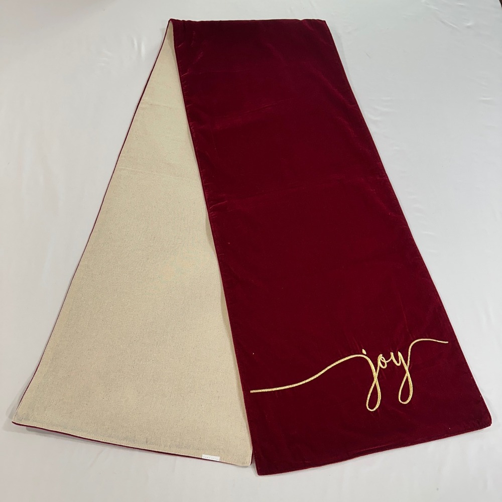 Red Velvet Christmas Table Runner Gold Joy Embroidered Reversible 72x14 Holiday